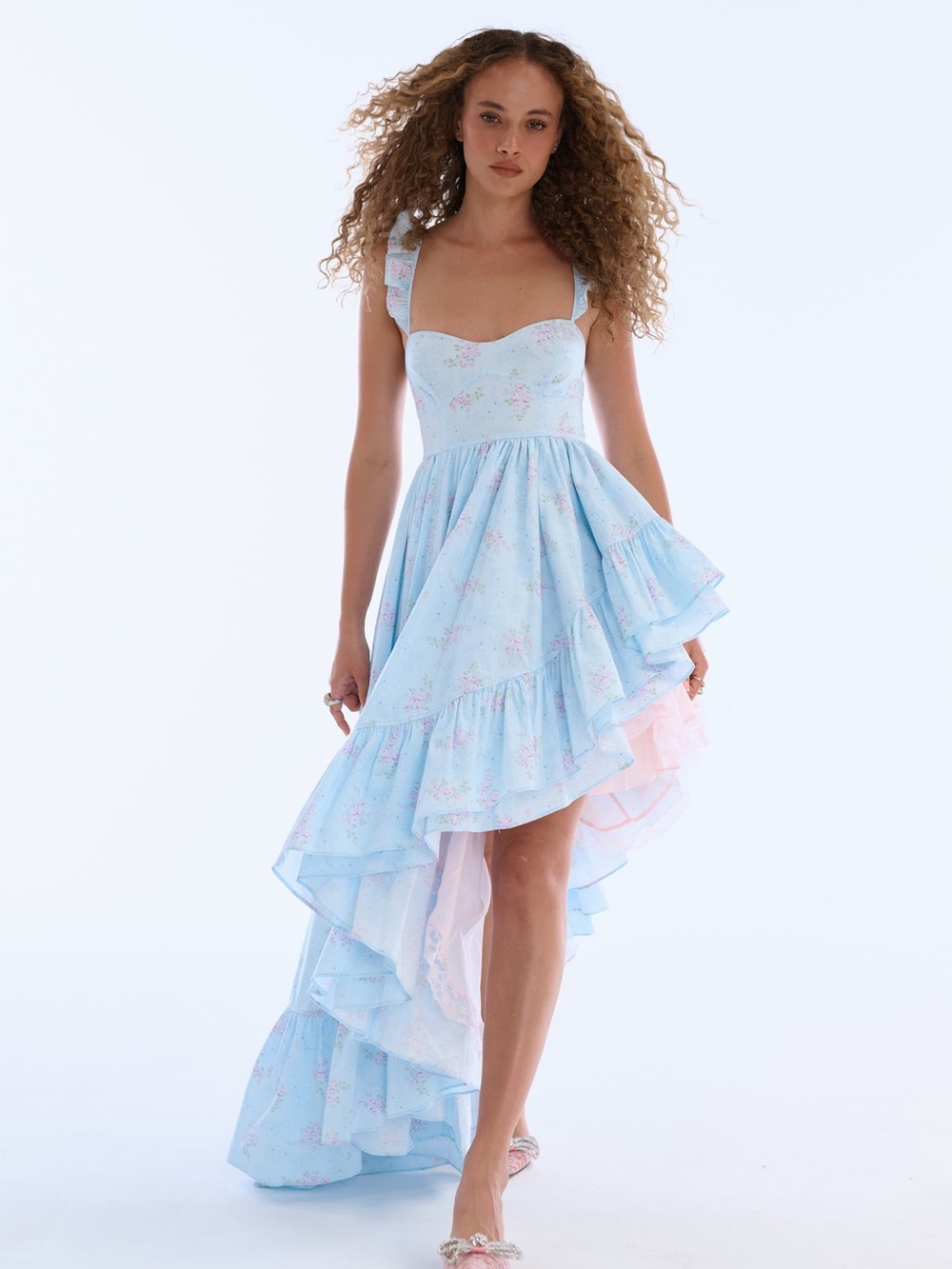 Selkie Pastel Blue Floral High-Low Ruffled Dress NWT 2026SS
